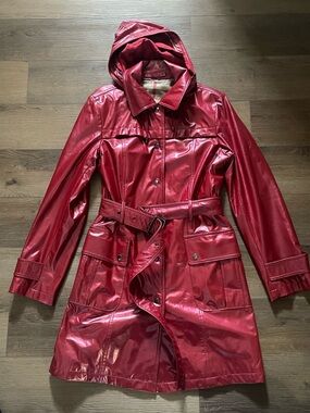 Burberry Glossy Red Hooded Trench Coat with Belt